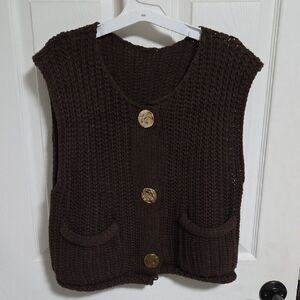 Chunky Knit Button Front Vest in Dark Brown